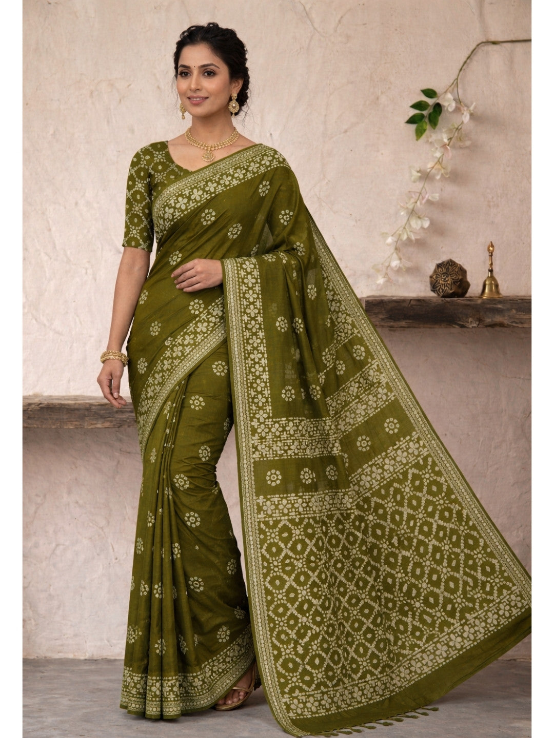 Olive Green Festive Cotton Batik Saree with Blouse Piece