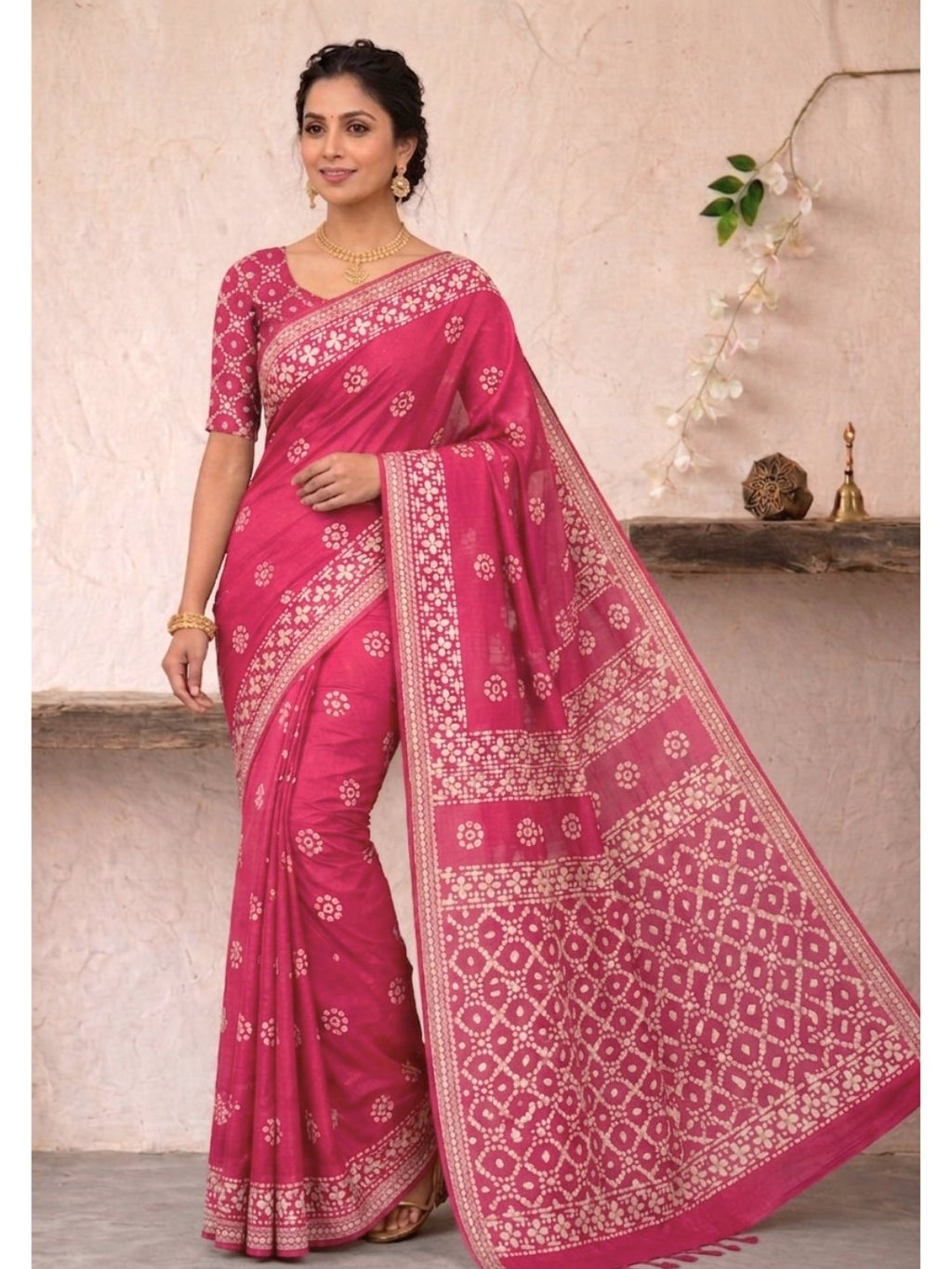Pink Artistic Cotton Batik Saree with Blouse Piece