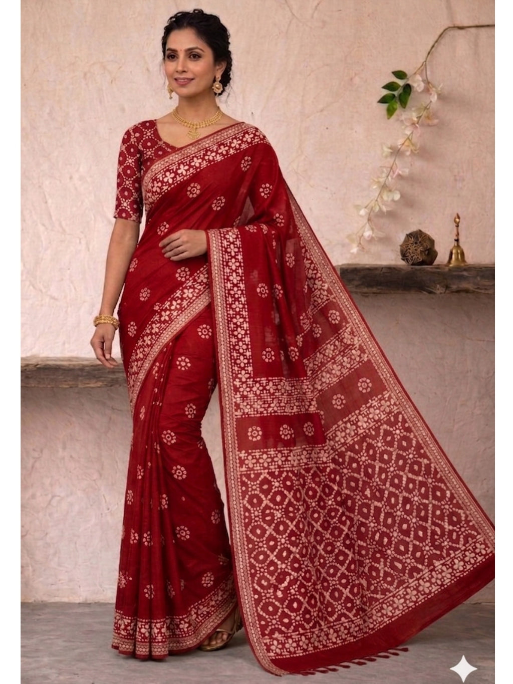 Red Contemporary Cotton Batik Saree with Blouse Piece