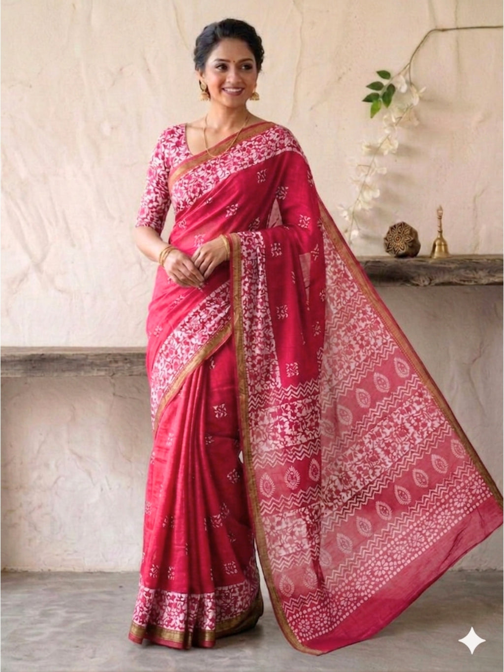 Pink Romantic Cotton Batik Saree with Blouse Piece
