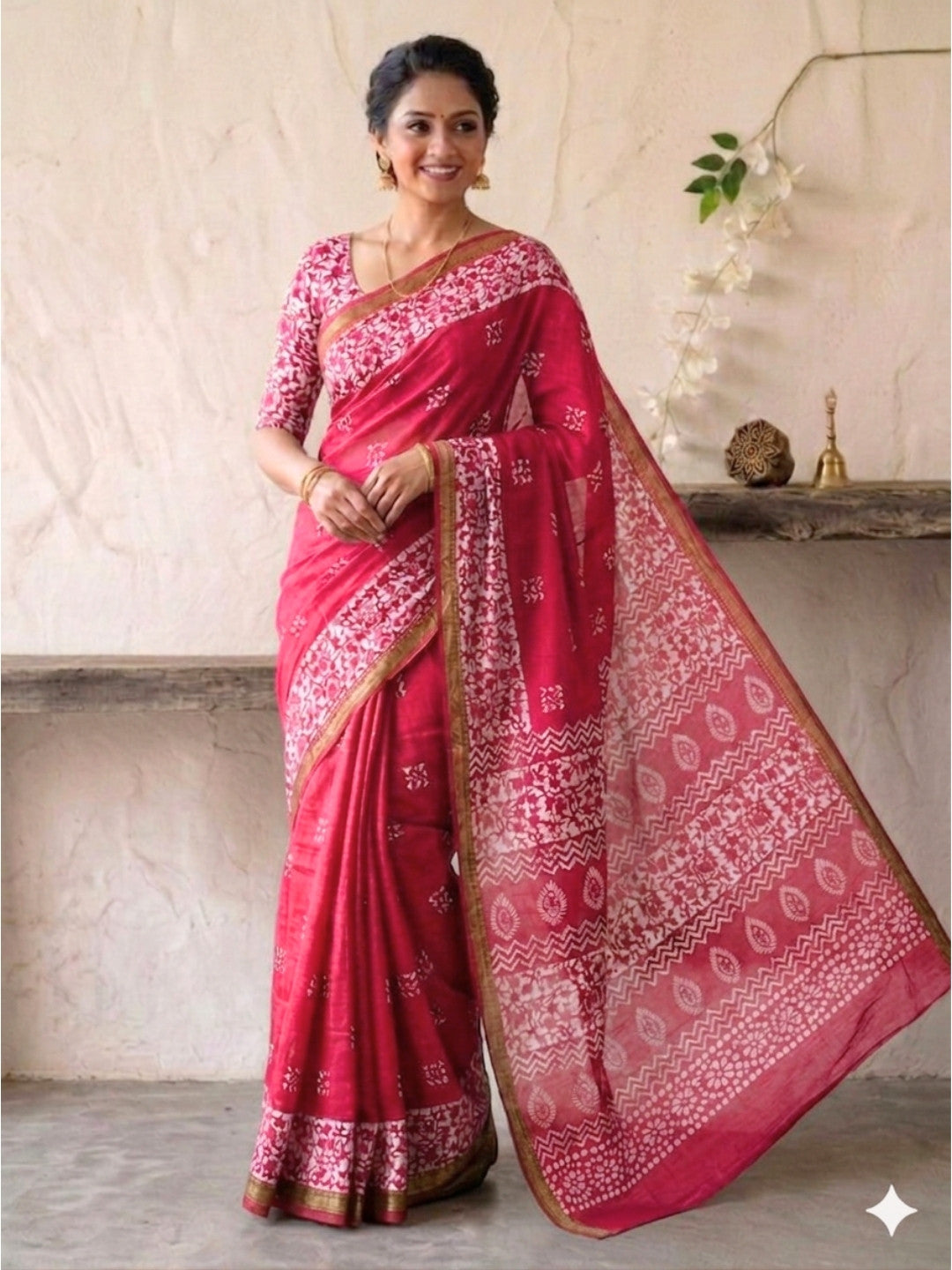 Pink Romantic Cotton Batik Saree with Blouse Piece