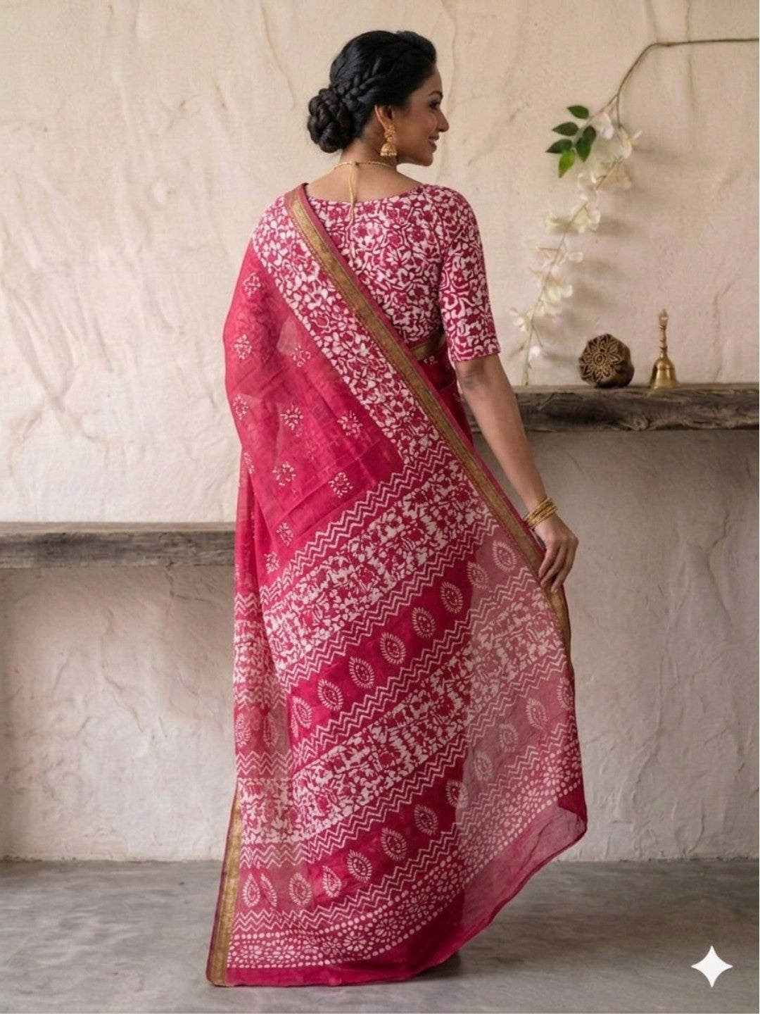 Pink Romantic Cotton Batik Saree with Blouse Piece