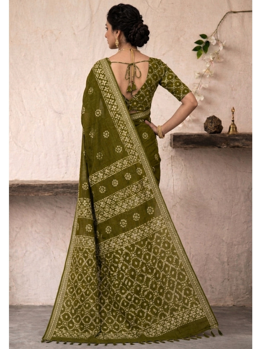 Olive Green Festive Cotton Batik Saree with Blouse Piece