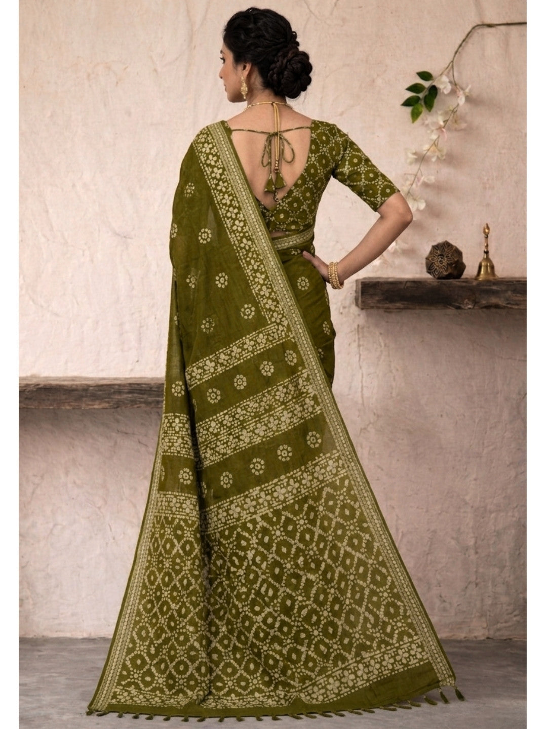 Olive Green Festive Cotton Batik Saree with Blouse Piece