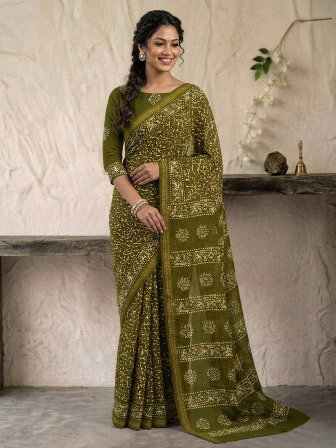 Olive Green Captivating Cotton Batik Saree with Blouse Piece