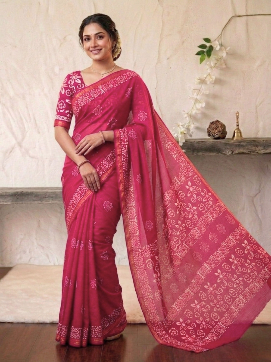 Pink Delicate Cotton Batik Saree with Blouse Piece