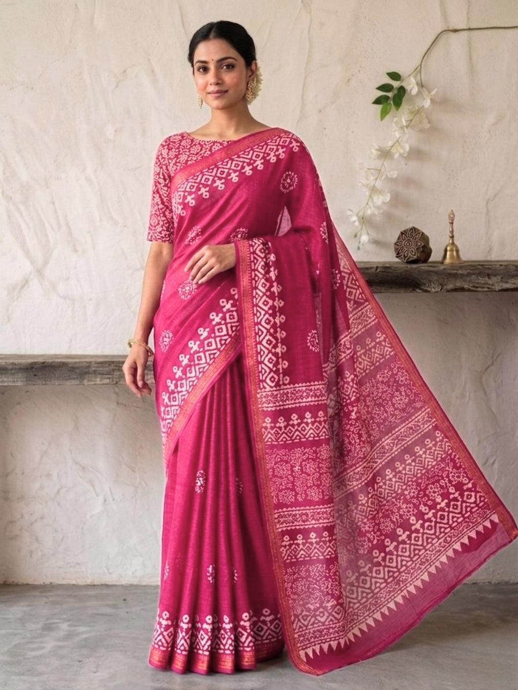 Pink Alluring Cotton Batik Saree with Blouse Piece