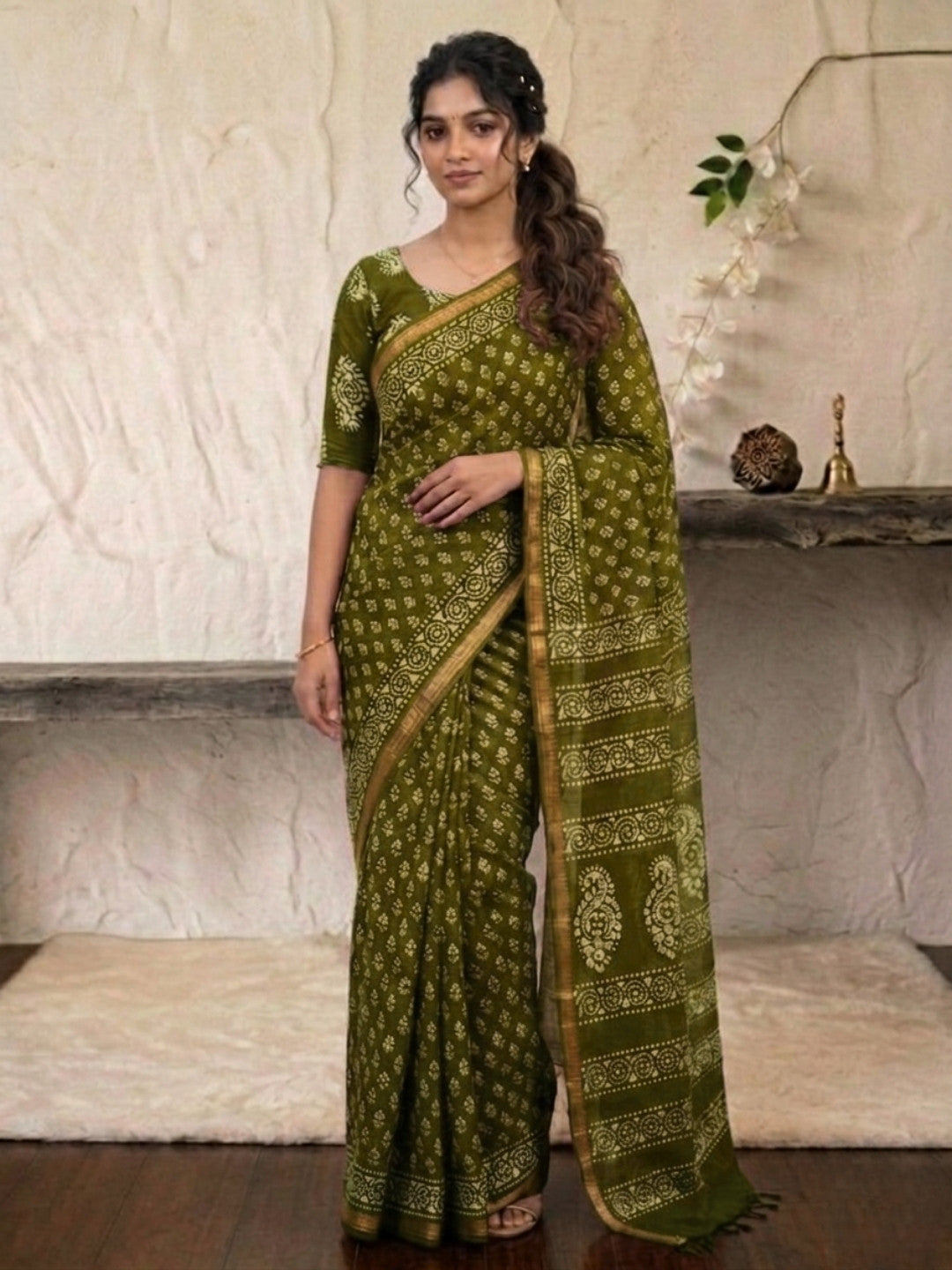 Olive Green Radiant Cotton Batik Saree with Blouse Piece
