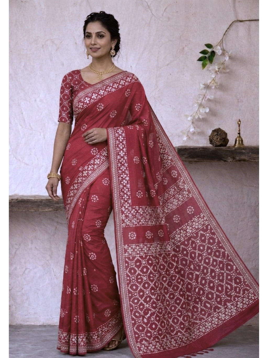 Carrot Sophisticated Cotton Batik Saree with Blouse Piece