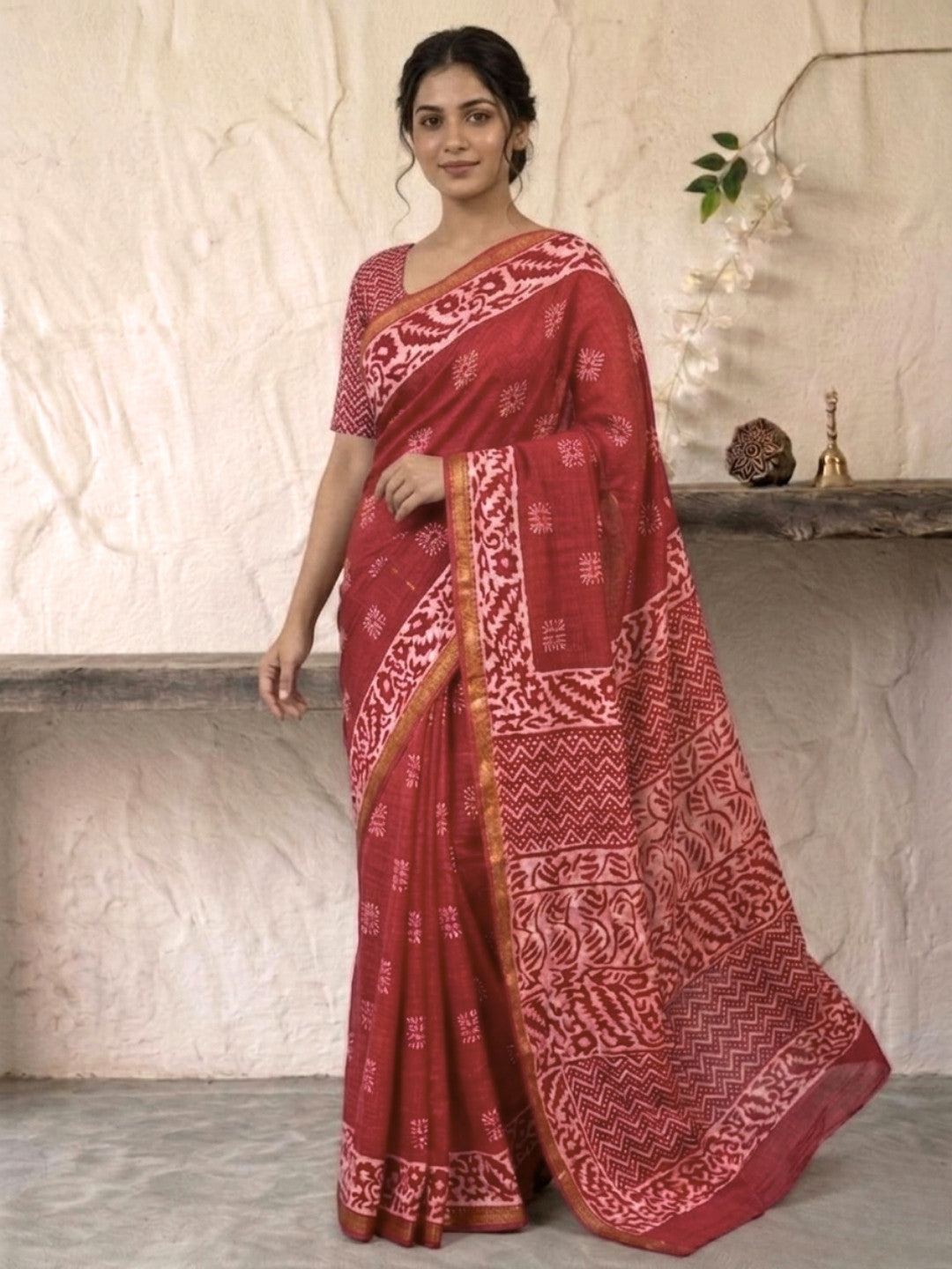 Carrot TextuRed Cotton Batik Saree with Blouse Piece