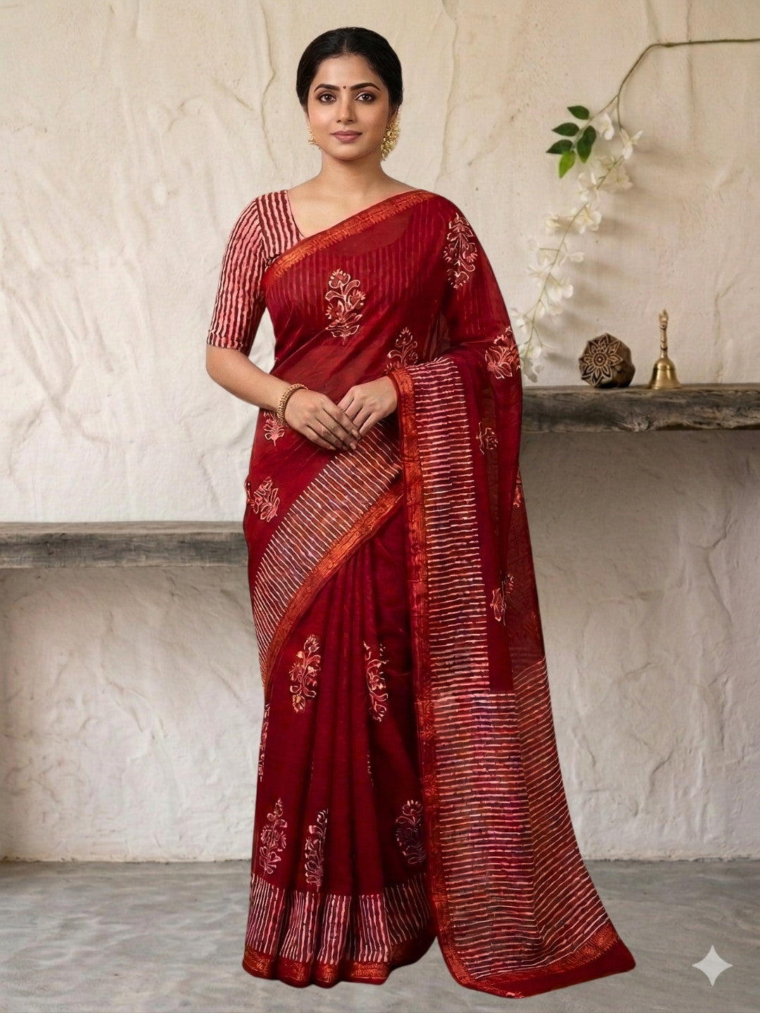 Red Regal Cotton Batik Saree with Blouse Piece