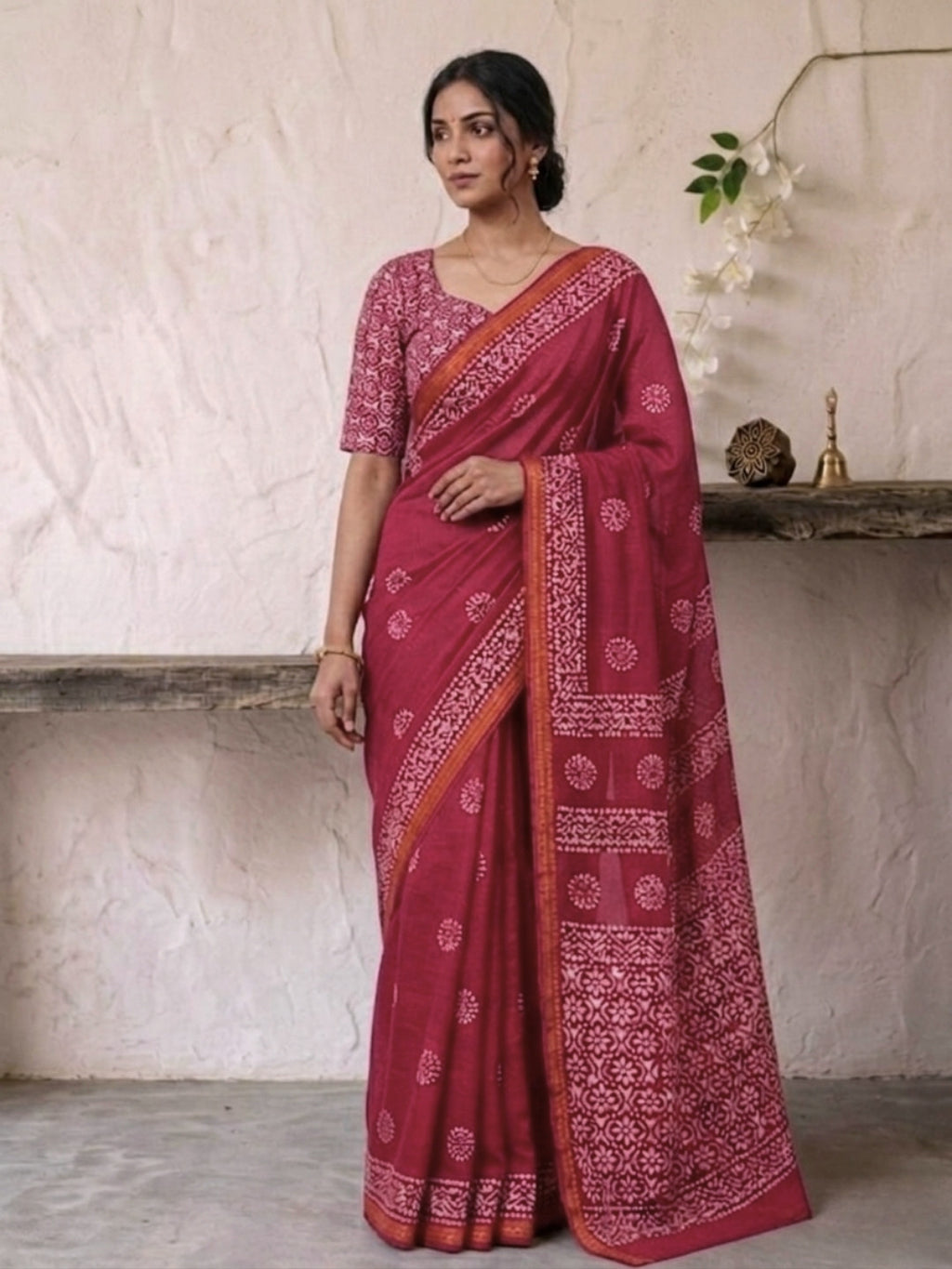 Carrot Premium Cotton Batik Saree with Blouse Piece