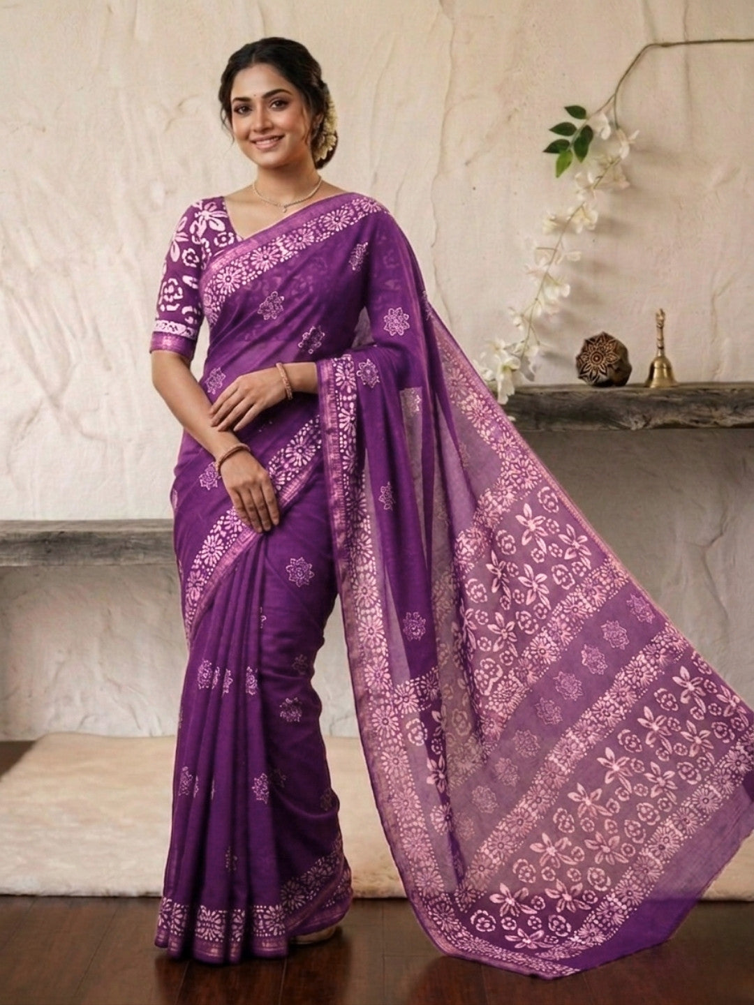 Lavender Vibrant Cotton Batik Saree with Blouse Piece