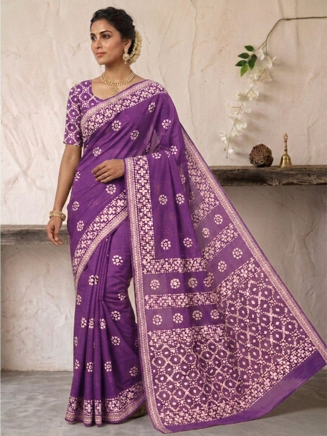 Lavender Vibrant Cotton Batik Saree with Blouse Piece