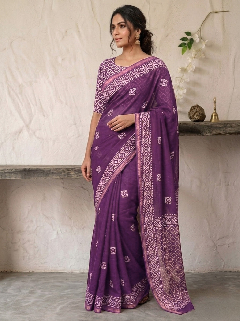 Lavender Floral Prints Cotton Batik Saree with Blouse Piece