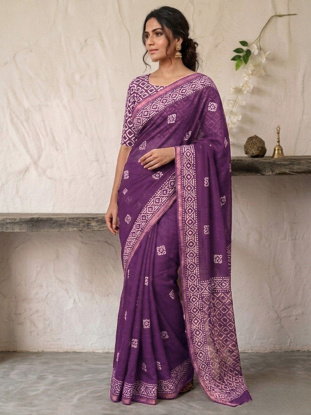 Lavender Floral Prints Cotton Batik Saree with Blouse Piece
