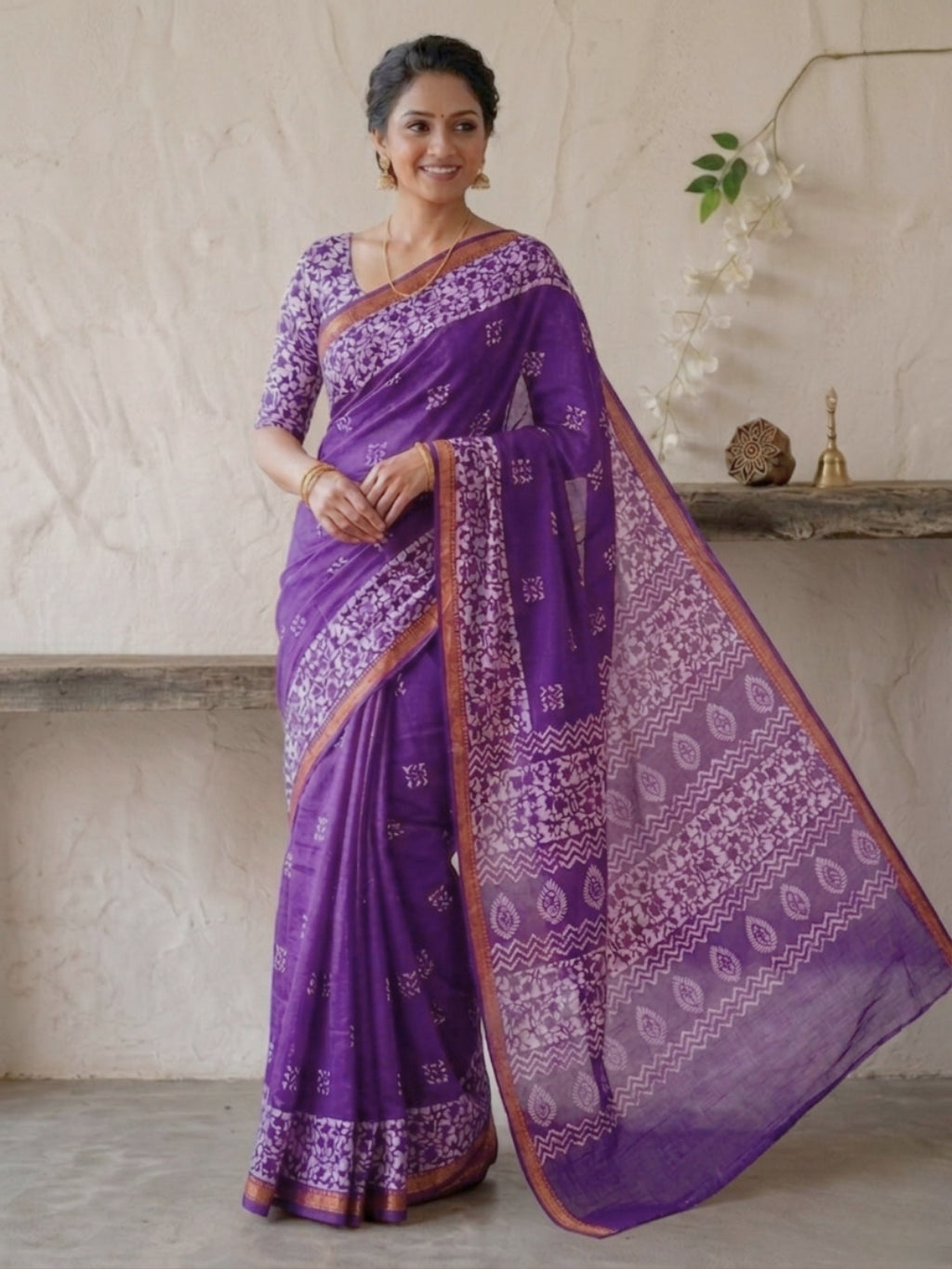Lavender Elegant Cotton Batik Saree with Blouse Piece