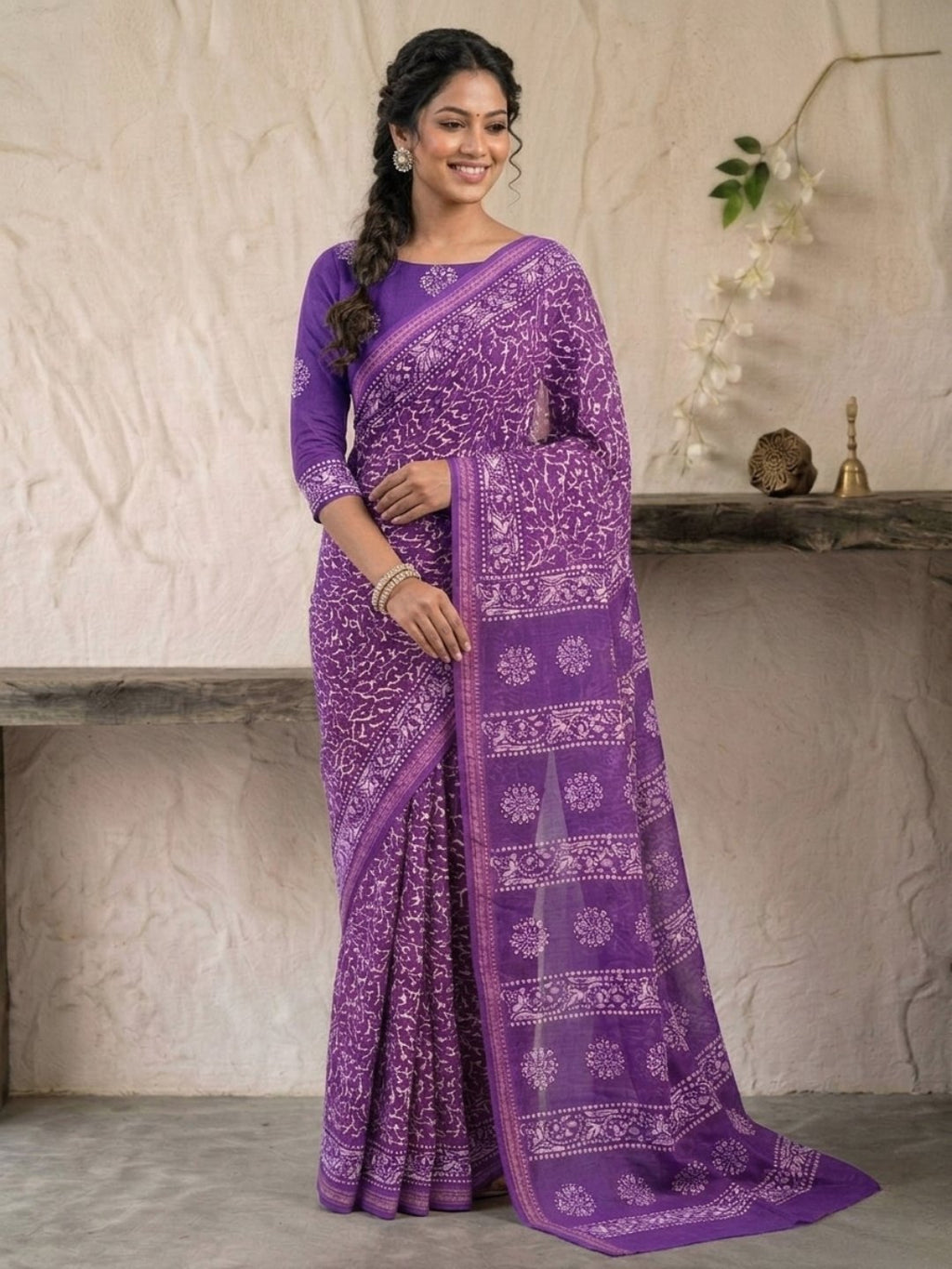 Lavender Floral Prints Cotton Batik Saree with Blouse Piece