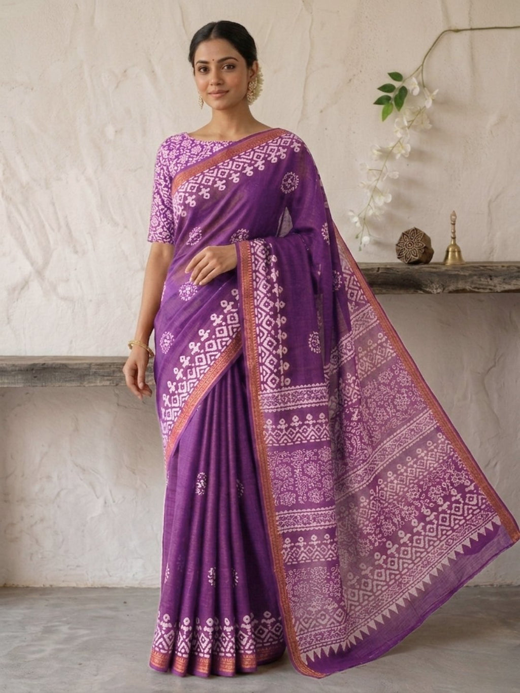 Lavender Vibrant Cotton Batik Saree with Blouse Piece