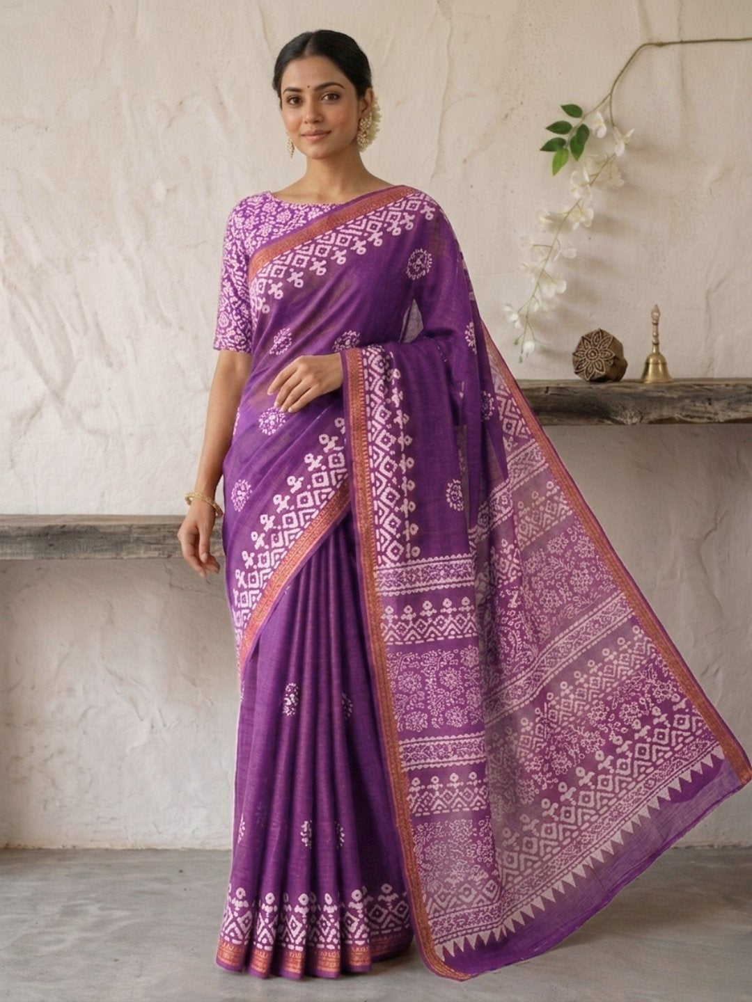 Lavender Vibrant Cotton Batik Saree with Blouse Piece