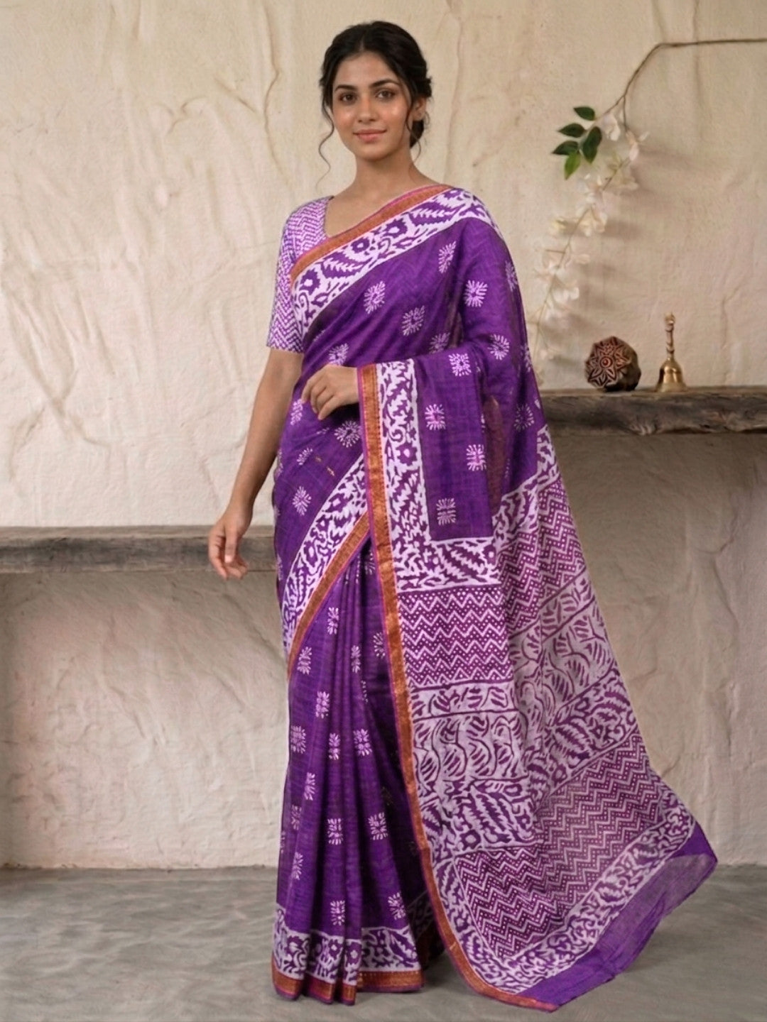 Lavender Traditional Cotton Batik Saree with Blouse Piece