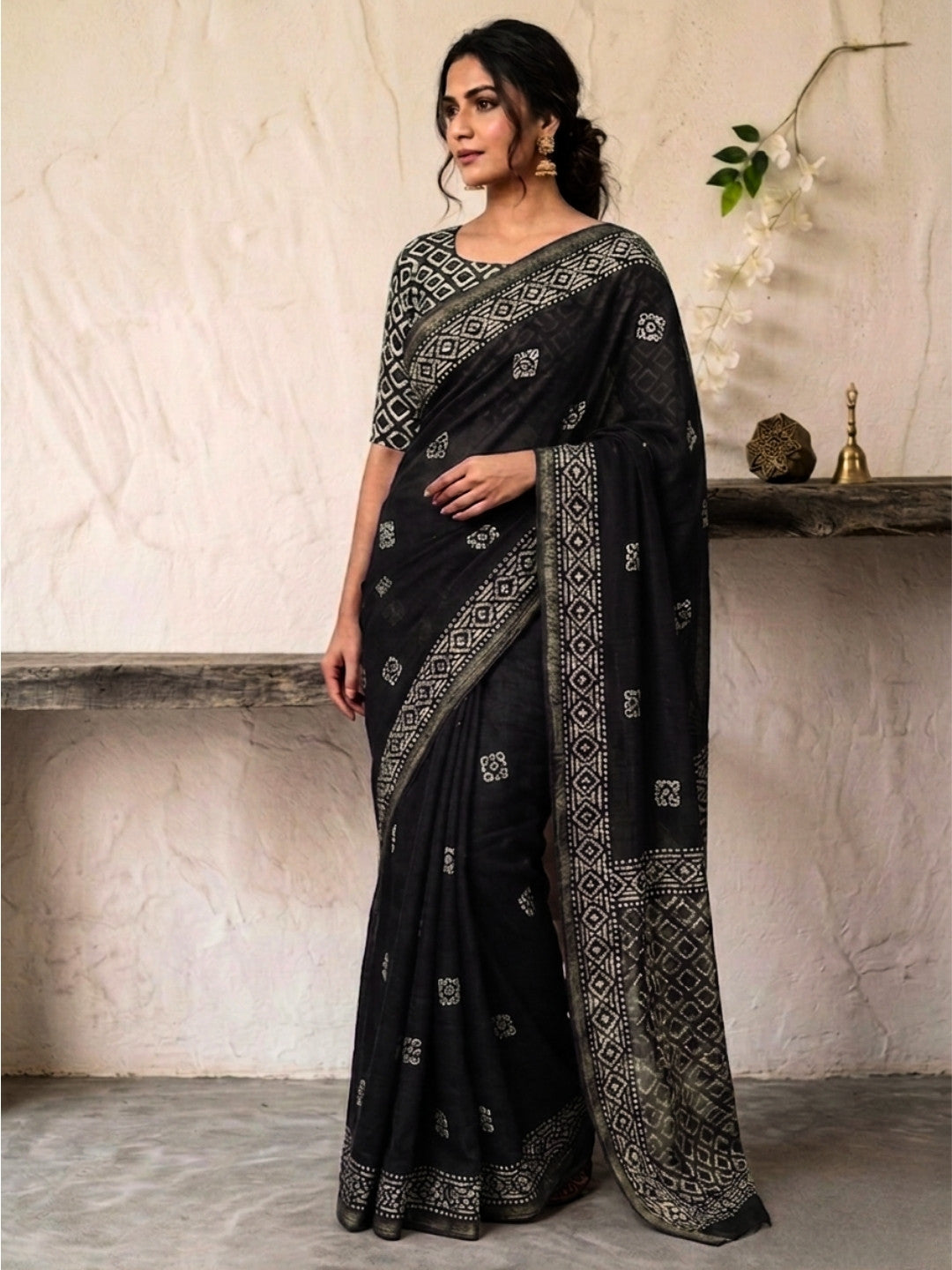 Black Elegant Cotton Batik Saree with Blouse Piece