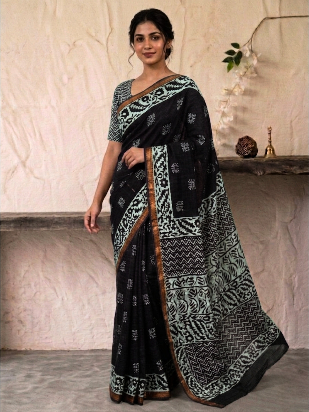 Black Premium Cotton Batik Saree with Blouse Piece