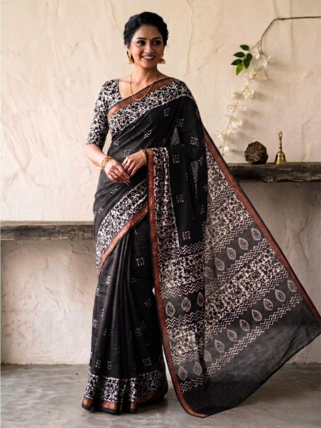 Black Vibrant Cotton Batik Saree with Blouse Piece