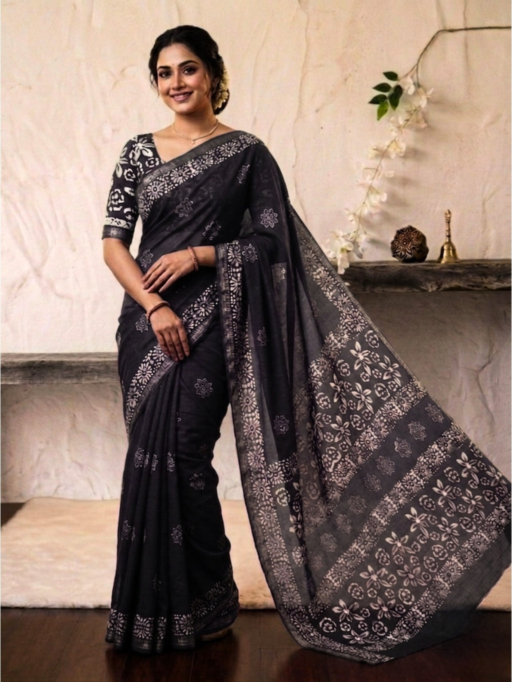 Black Traditional Cotton Batik Saree with Blouse Piece