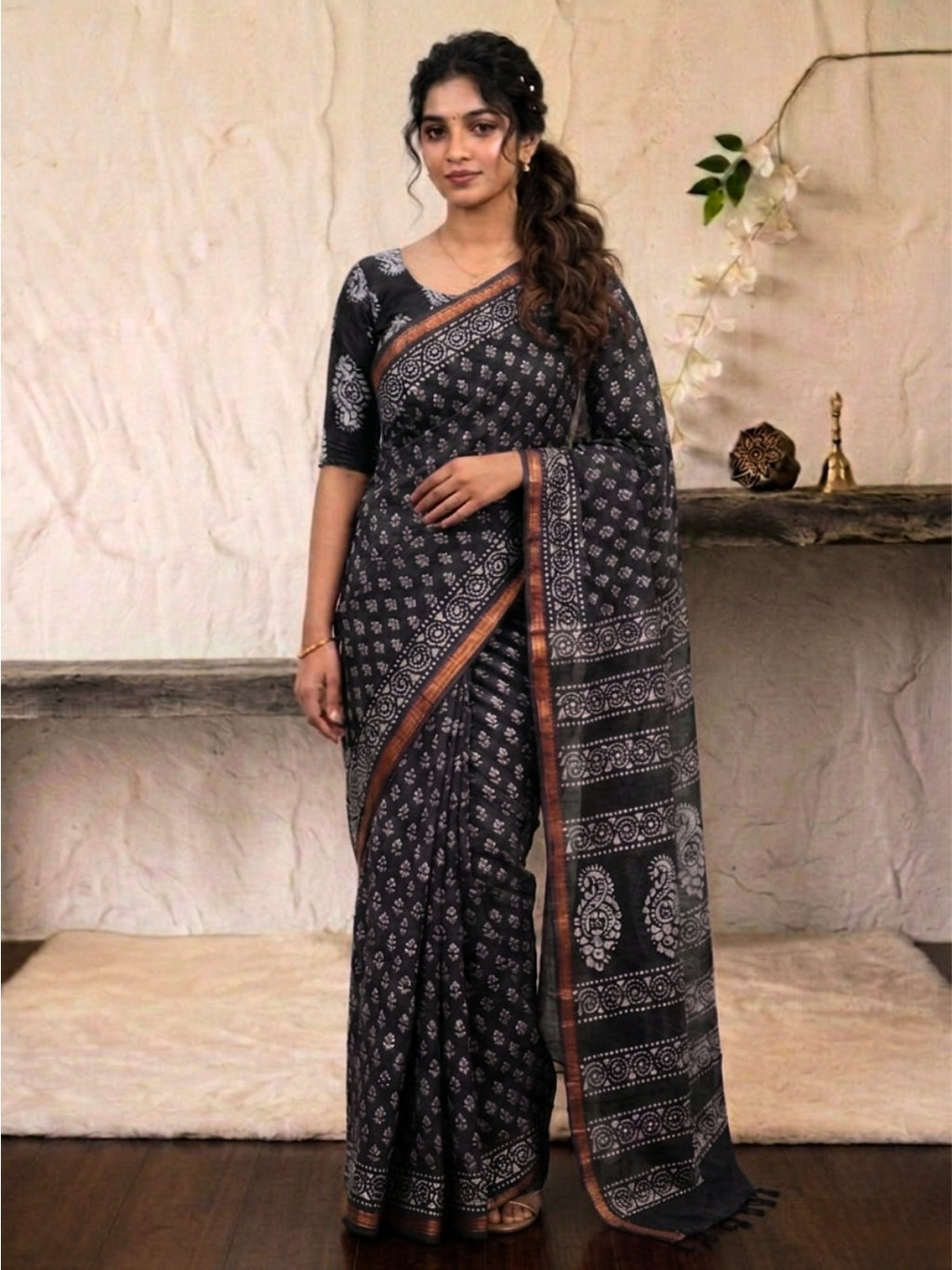 Black Elegant Cotton Batik Saree with Blouse Piece
