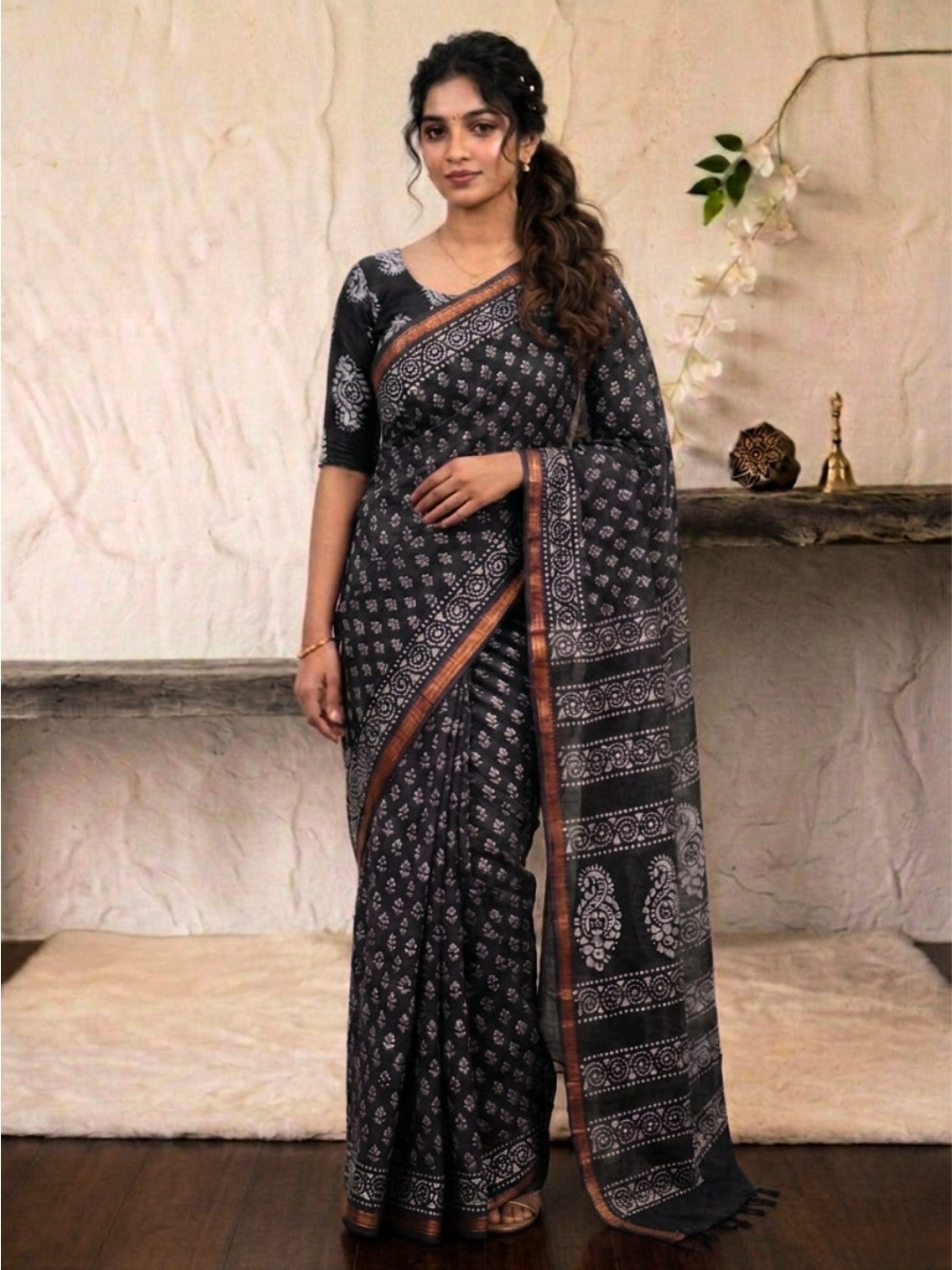 Black Elegant Cotton Batik Saree with Blouse Piece