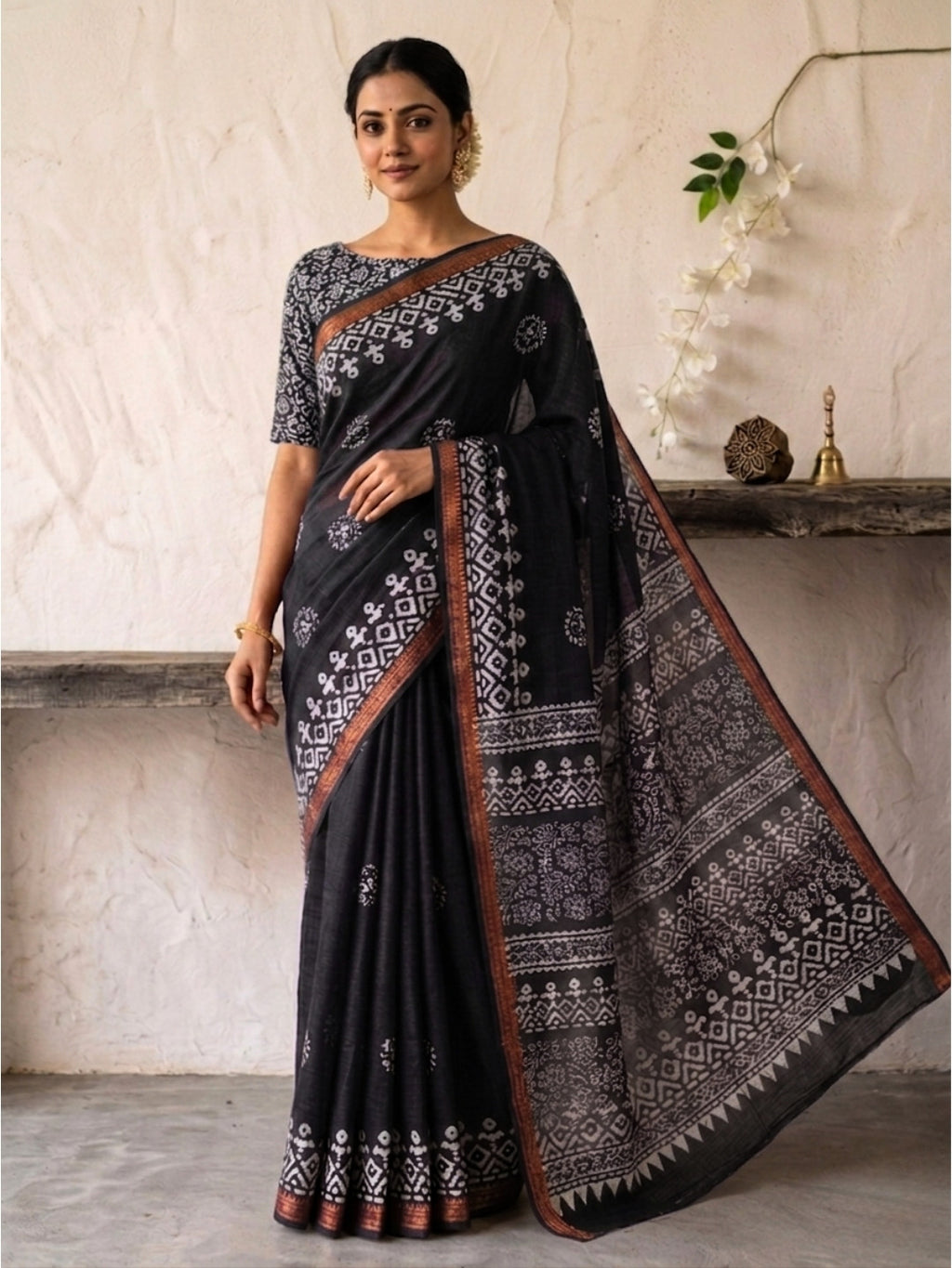 Black Traditional Cotton Batik Saree with Blouse Piece