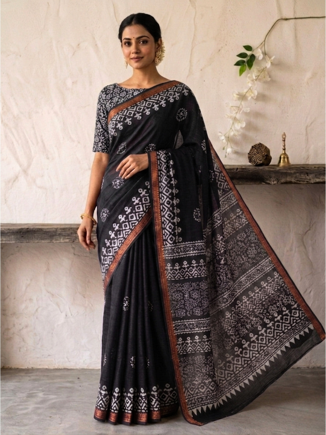 Black Traditional Cotton Batik Saree with Blouse Piece