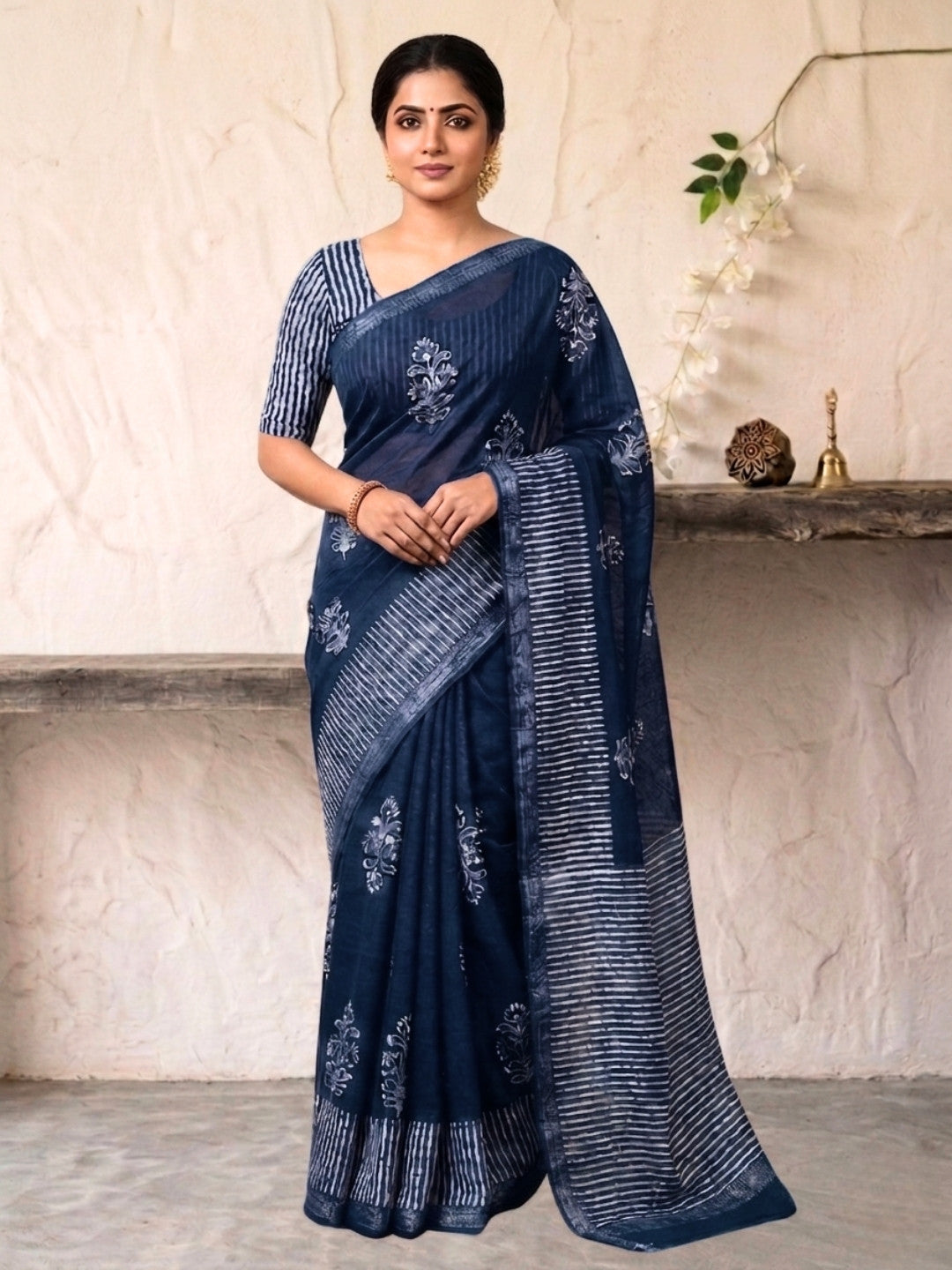 Indigo Premium Cotton Batik Saree with Blouse Piece