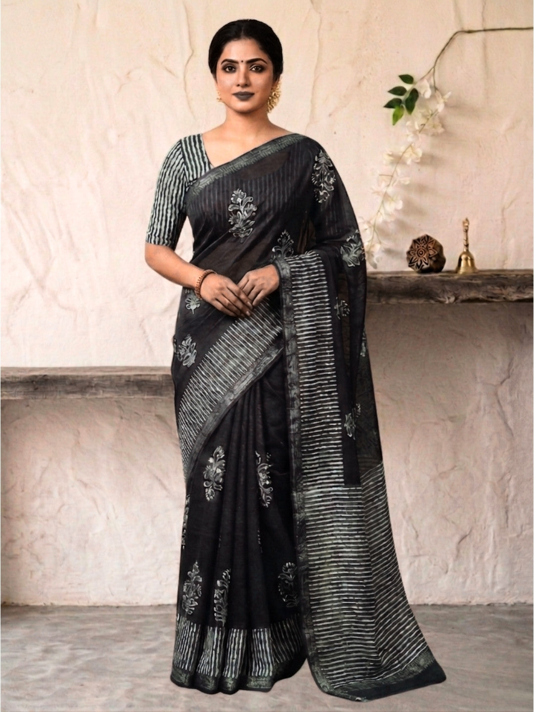Black Elegant Cotton Batik Saree with Blouse Piece