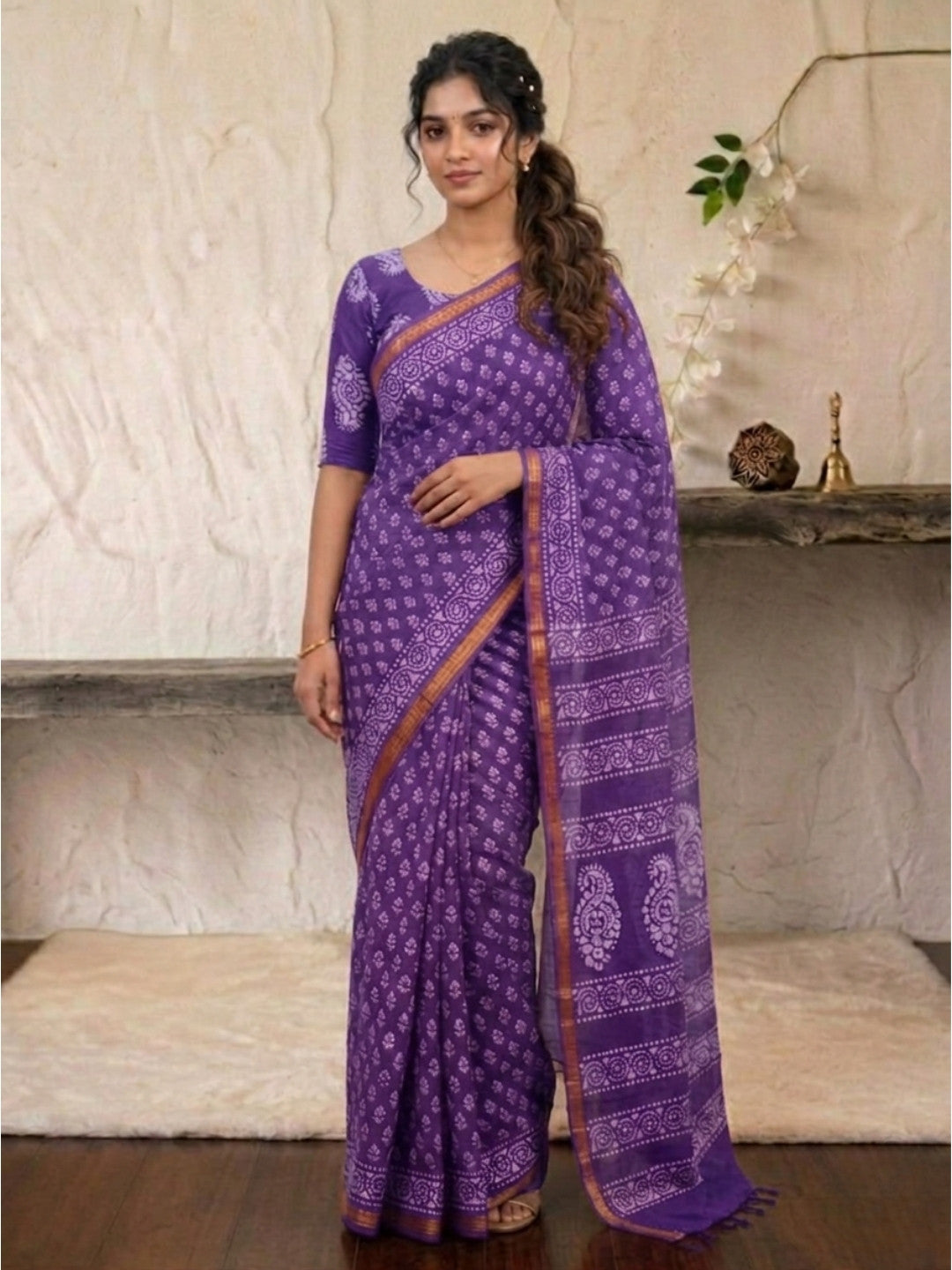 Lavender Premium Cotton Batik Saree with Blouse Piece