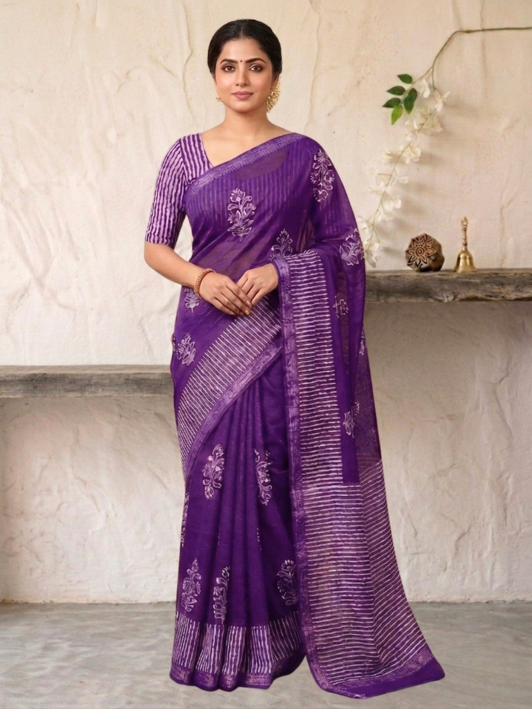 Lavender Floral Prints Cotton Batik Saree with Blouse Piece