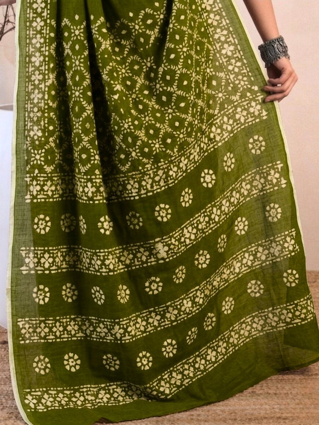 Olive Green Festive Cotton Batik Saree with Blouse Piece
