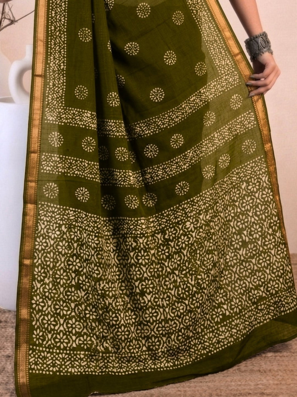 Olive Green Radiant Cotton Batik Saree with Blouse Piece