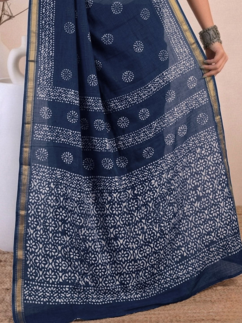 Indigo Floral Prints Cotton Batik Saree with Blouse Piece