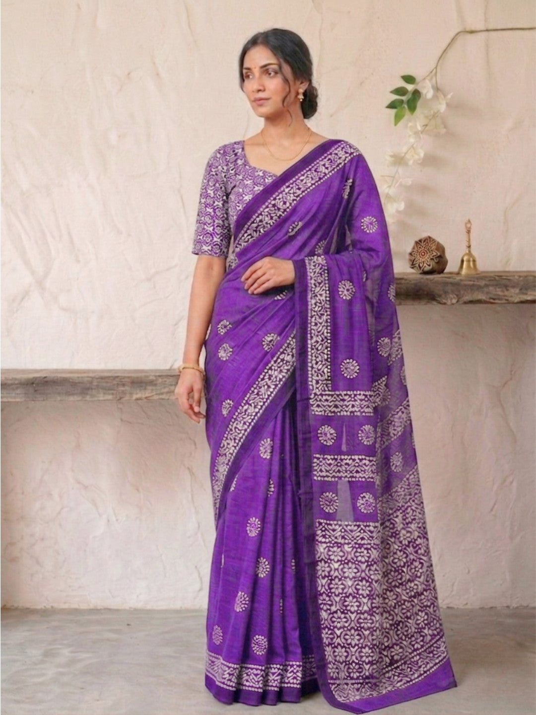 Lavender Traditional Cotton Batik Saree with Blouse Piece