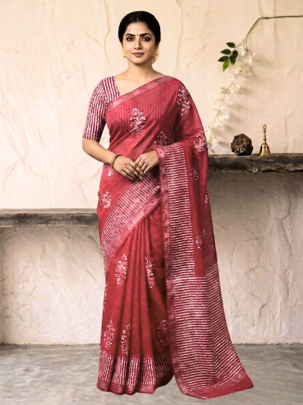 Carrot Vivid Cotton Batik Saree with Blouse Piece