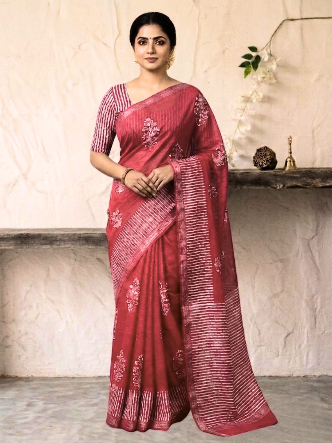 Carrot Vivid Cotton Batik Saree with Blouse Piece