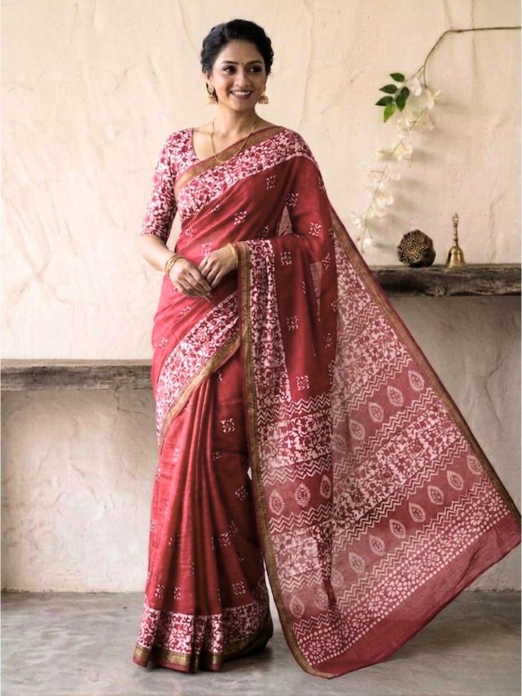 Carrot Ornamental Cotton Batik Saree with Blouse Piece