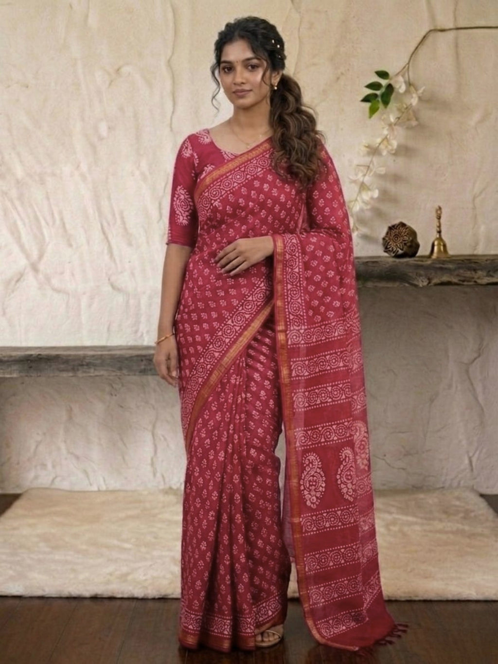 Carrot Enchanting Cotton Batik Saree with Blouse Piece