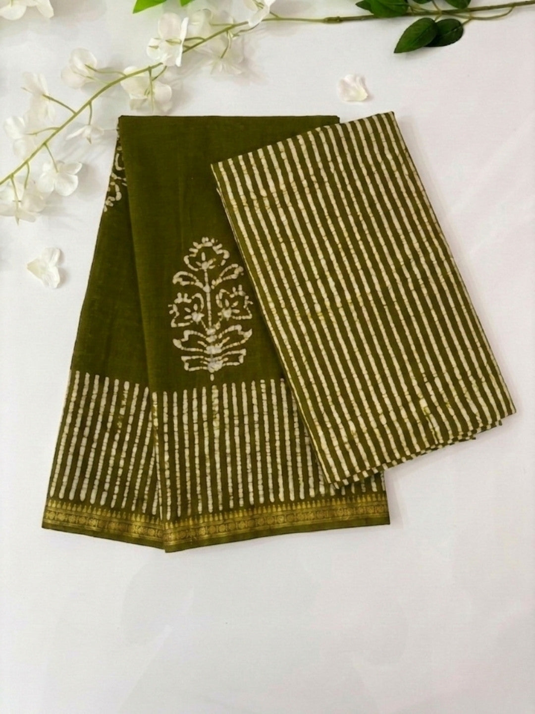 Olive Green Intricate Cotton Batik Saree with Blouse Piece