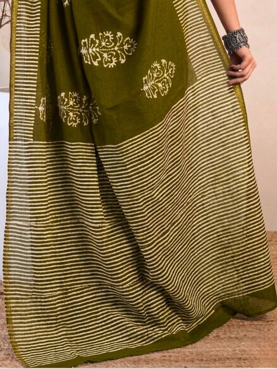 Olive Green Intricate Cotton Batik Saree with Blouse Piece