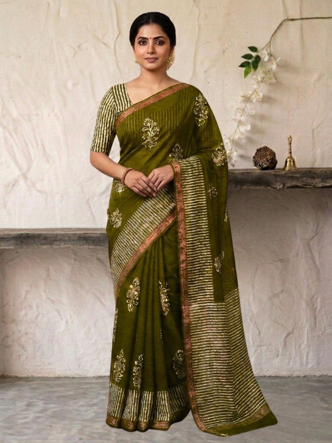 Olive Green Intricate Cotton Batik Saree with Blouse Piece
