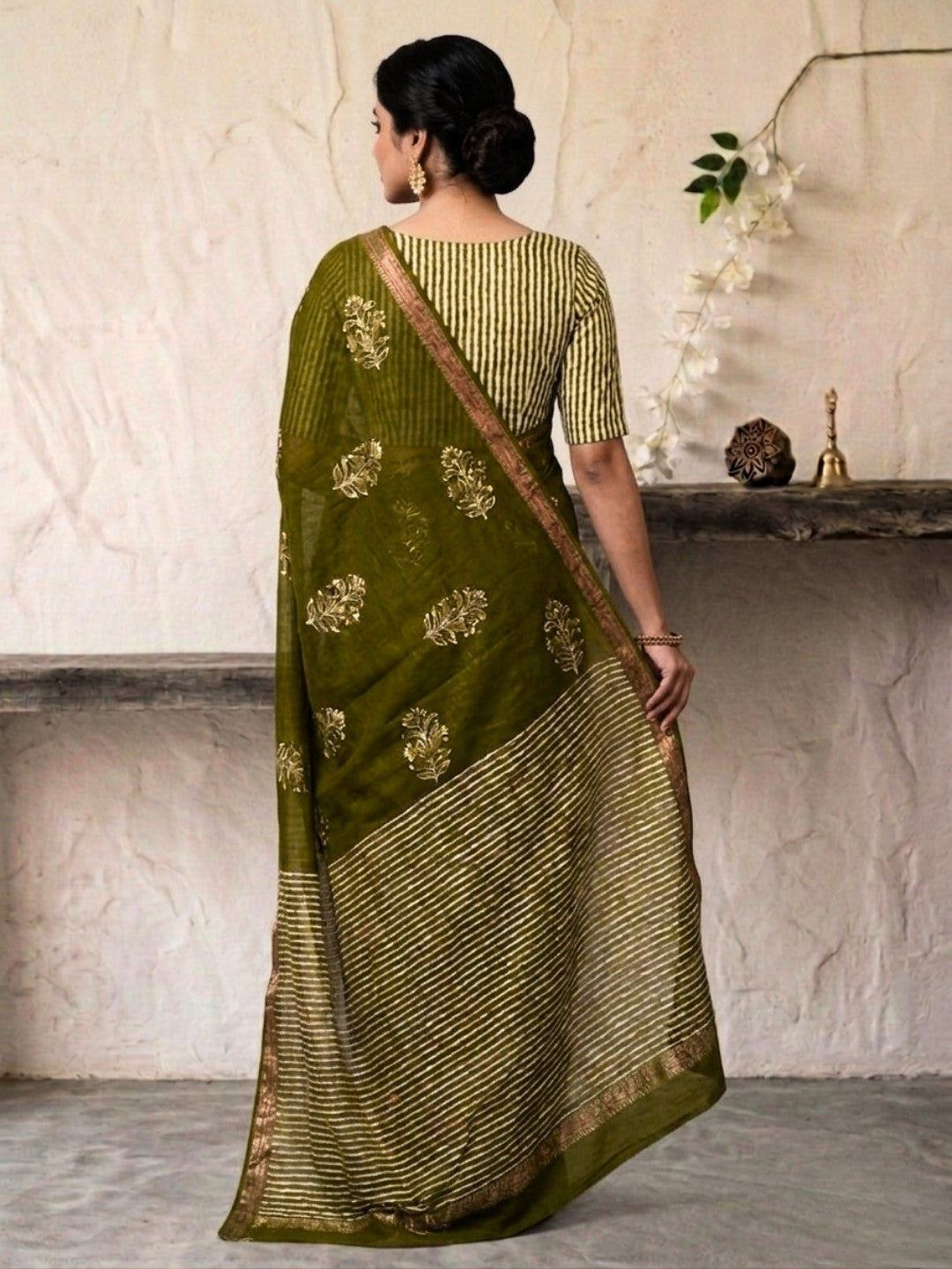 Olive Green Intricate Cotton Batik Saree with Blouse Piece