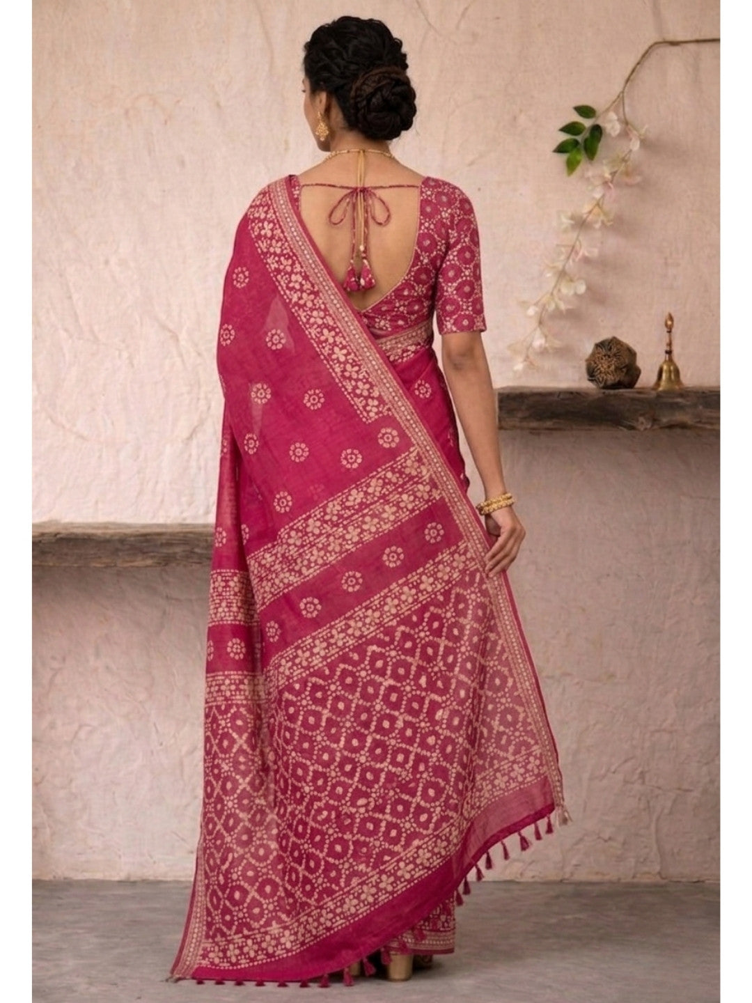 Pink Artistic Cotton Batik Saree with Blouse Piece